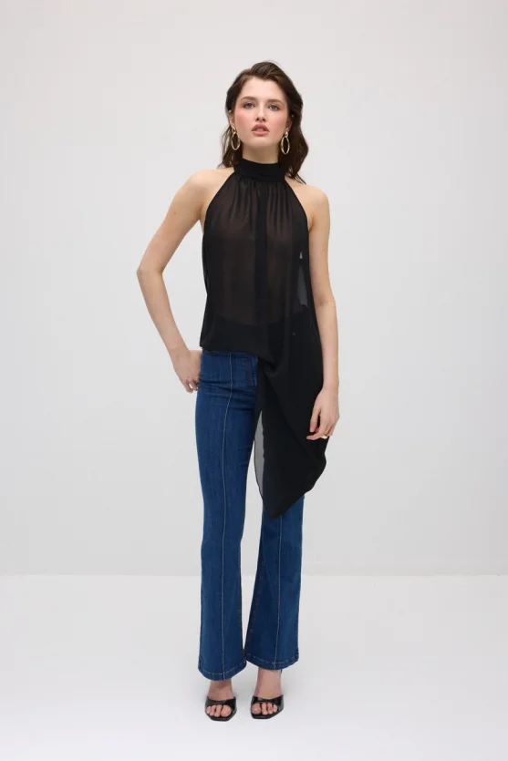 Asymmetric Cut Chiffon Blouse - Black - Gusto