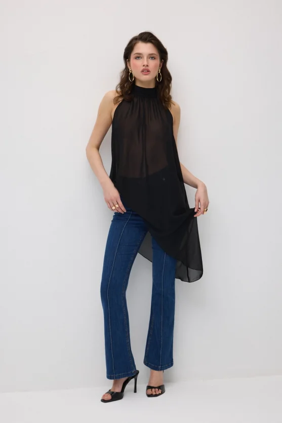 Asymmetric Cut Chiffon Blouse - Black - Gusto