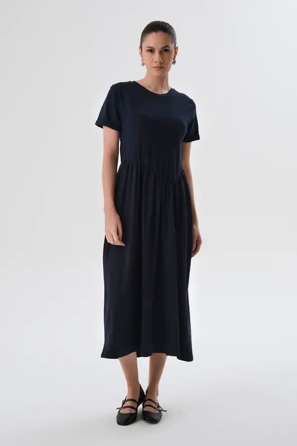 Asymmetric Cut Cotton Dress - Navy Blue - 1