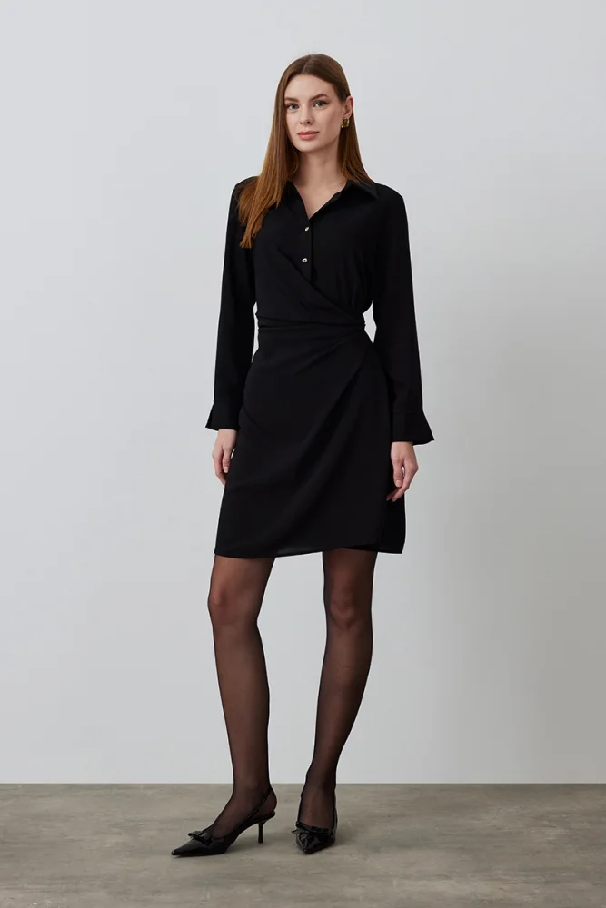Asymmetric Cut Long Sleeve Dress - Black Black