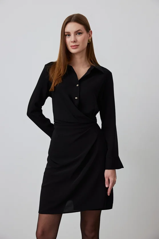 Asymmetric Cut Long Sleeve Dress - Black - 2