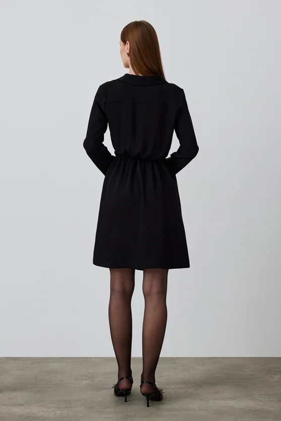 Asymmetric Cut Long Sleeve Dress - Black - Gusto