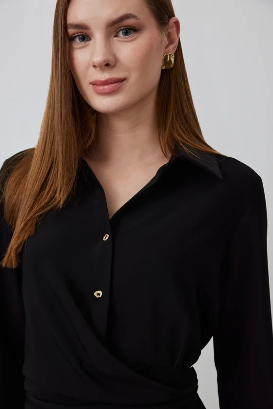 Asymmetric Cut Long Sleeve Dress - Black - 3