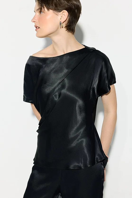 Asymmetric Cut Satin Blouse - Black - 2