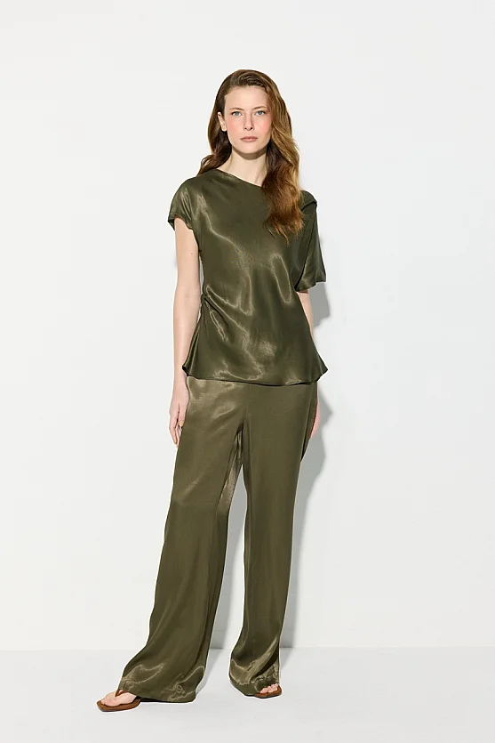 Asymmetric Cut Satin Blouse - Khaki - 2