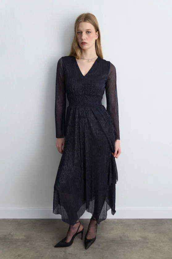 Asymmetric Cut V-Neck Shimmery Evening Dress - Navy Blue - Gusto
