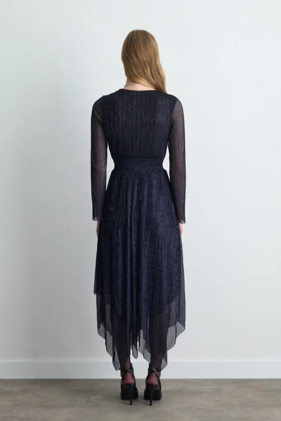 Asymmetric Cut V-Neck Shimmery Evening Dress - Navy Blue - Gusto