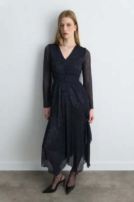 Asymmetric Cut V-Neck Shimmery Evening Dress - Navy Blue - Gusto