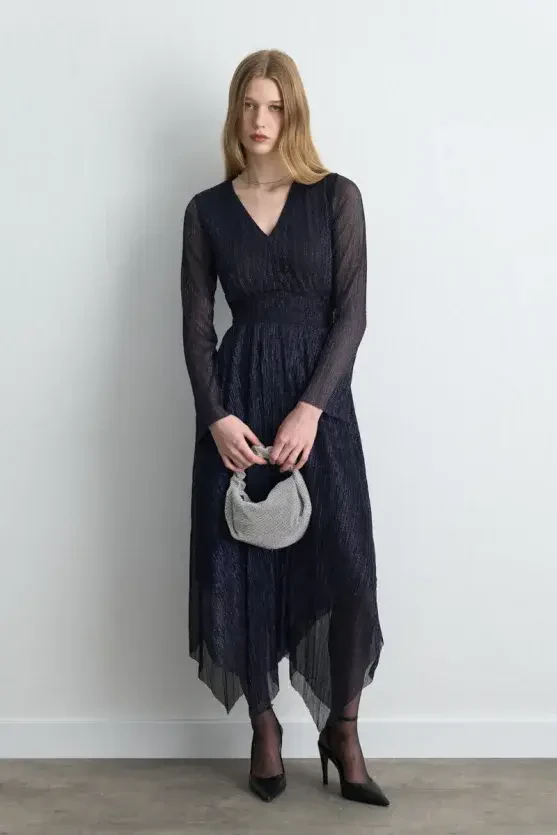 Asymmetric Cut V-Neck Shimmery Evening Dress - Navy Blue - Gusto