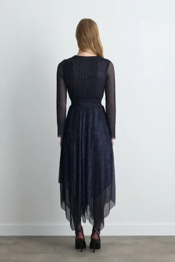 Asymmetric Cut V-Neck Shimmery Evening Dress - Navy Blue - 6