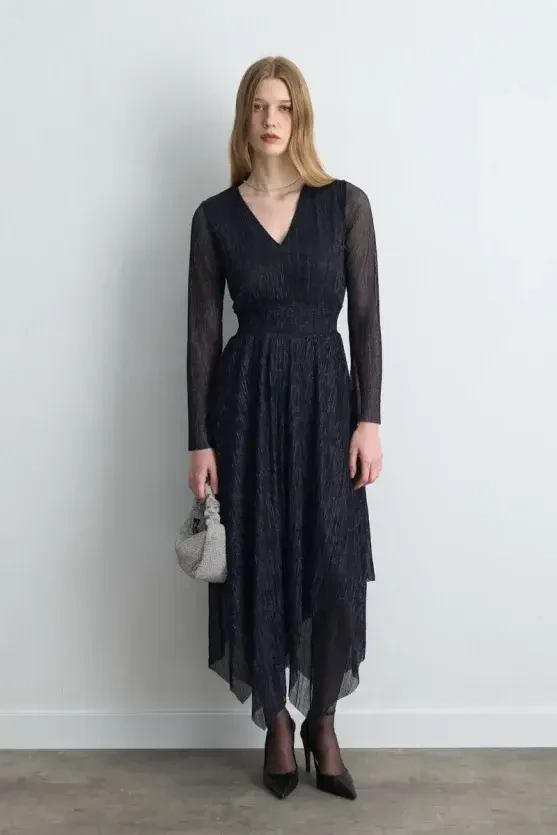 Asymmetric Cut V-Neck Shimmery Evening Dress - Navy Blue - 1