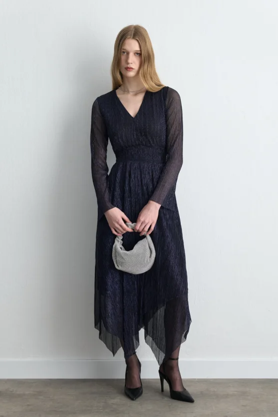 Asymmetric Cut V Neck Shimmery Evening Dress Navy Blue - Gusto