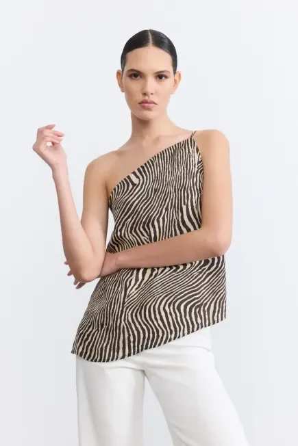 Asymmetric Cut Zebra Pattern Tank Top - Black - Gusto