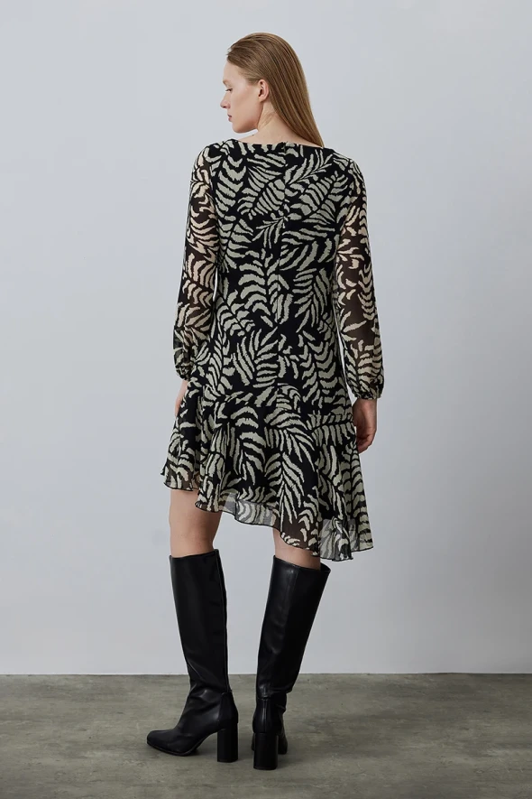 Asymmetric Dress with Long Sleeve - Black - 7