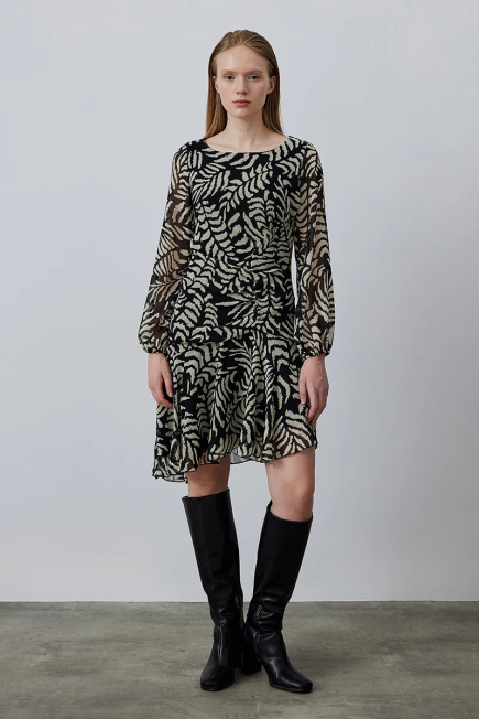 Asymmetric Dress with Long Sleeve - Black Black