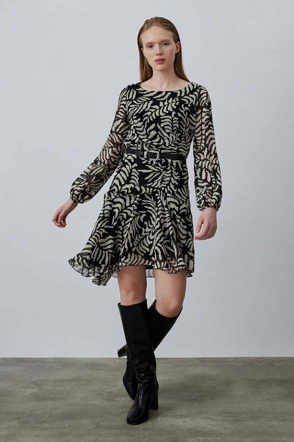 Asymmetric Dress with Long Sleeve - Black - 3