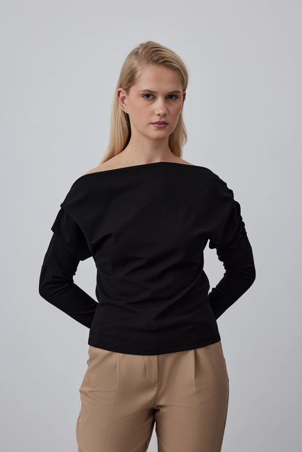 Asymmetric Jersey Blouse - Black Black