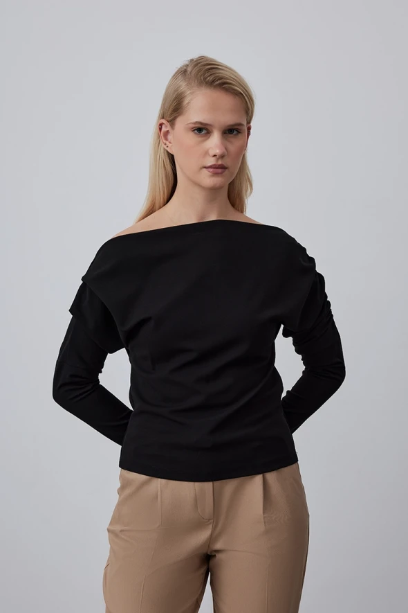 Asymmetric Jersey Blouse - Black - 1