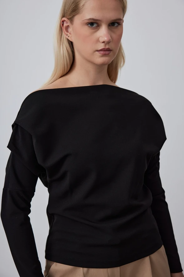 Asymmetric Jersey Blouse - Black - 3