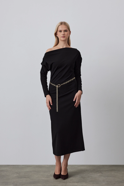 Asymmetric Long Jersey Dress - Black Black