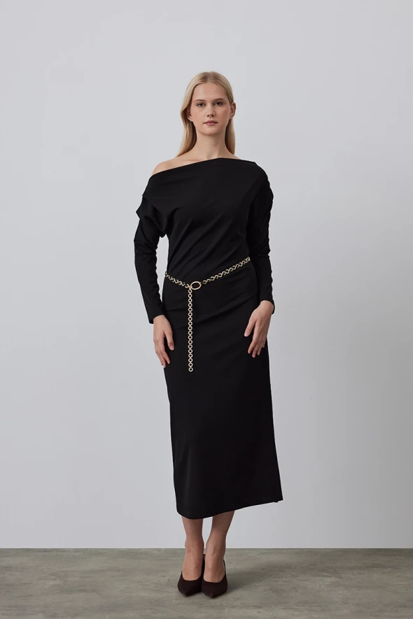 Asymmetric Long Jersey Dress - Black - 1