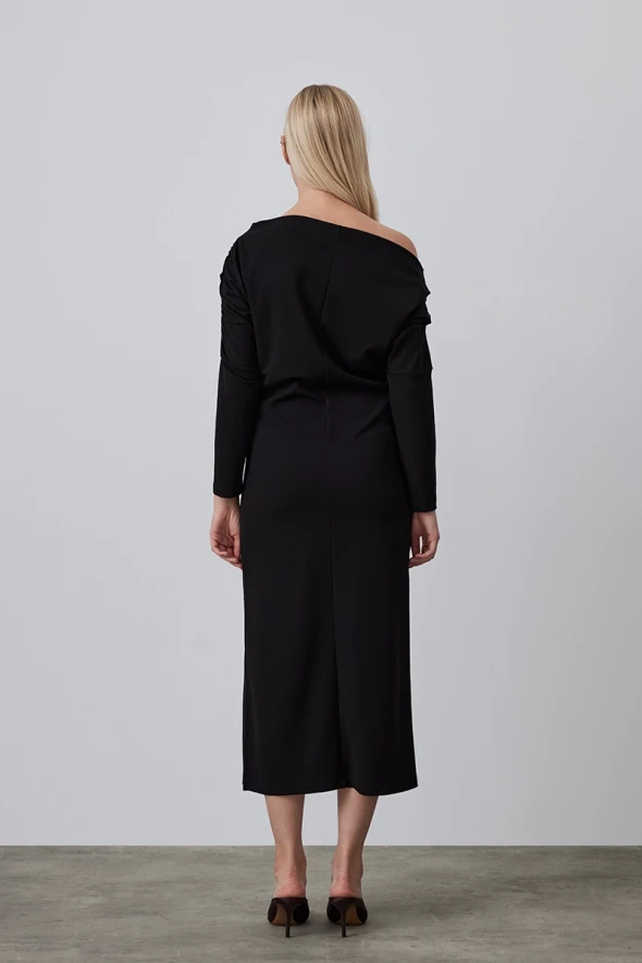 Asymmetric Long Jersey Dress - Black - 5