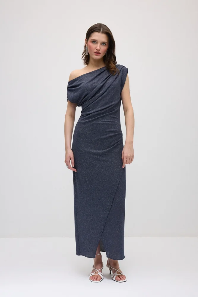 Asymmetric One-Shoulder Shimmer Evening Dress - Grey