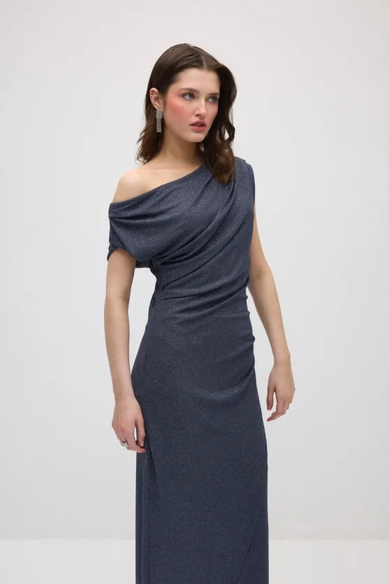 Asymmetric One-Shoulder Shimmer Evening Dress - Grey - 2