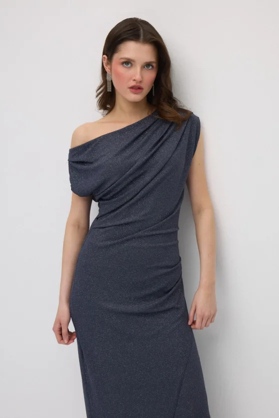 Asymmetric One-Shoulder Shimmer Evening Dress - Grey - Gusto