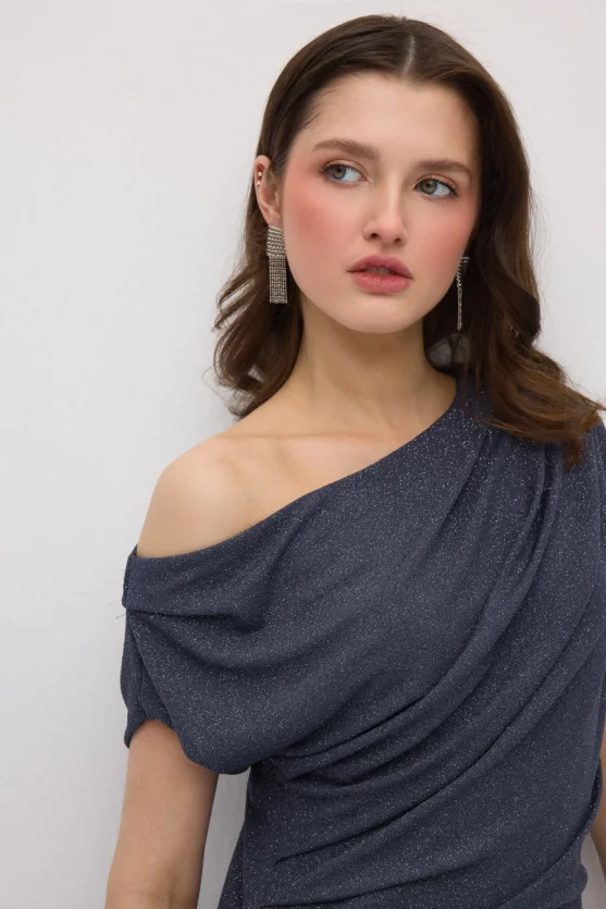 Asymmetric One-Shoulder Shimmer Evening Dress - Grey - Gusto