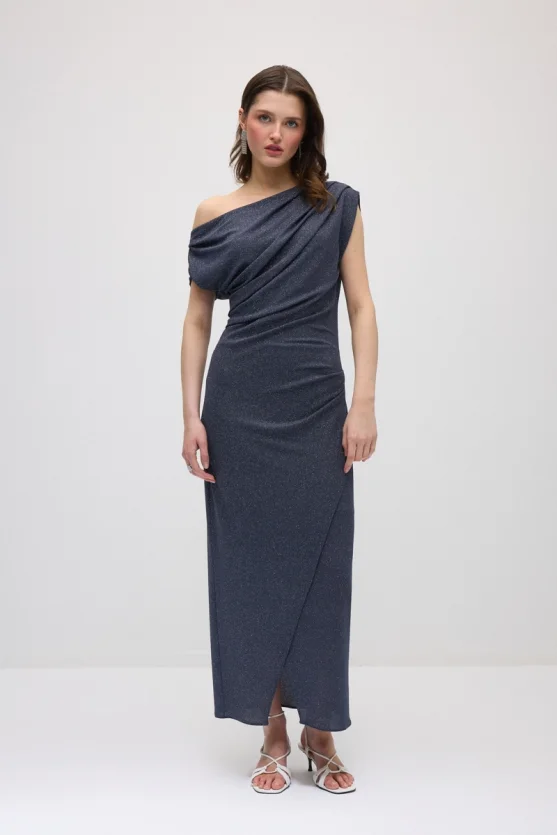 Asymmetric One-Shoulder Shimmer Evening Dress - Grey - Gusto