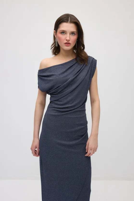 Asymmetric One-Shoulder Shimmer Evening Dress - Grey - 3