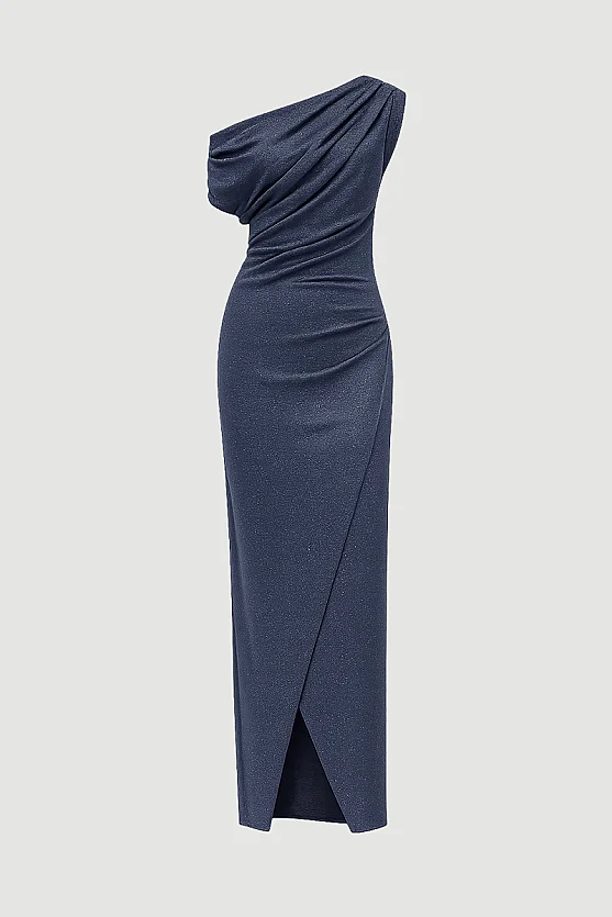 Asymmetric One-Shoulder Shimmer Evening Dress - Grey - 7