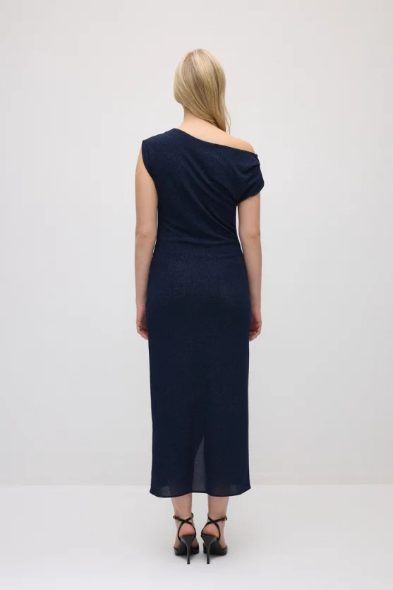 Asymmetric One-Shoulder Shimmer Evening Dress - Navy Blue - 6
