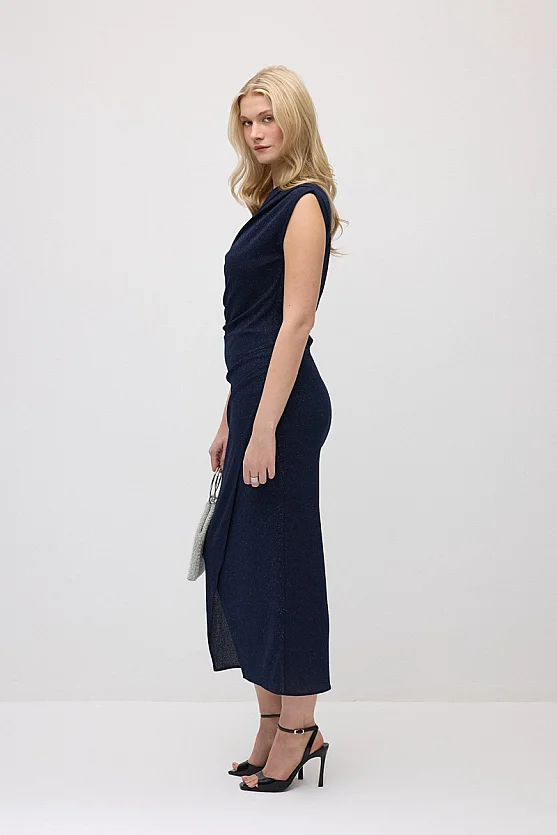 Asymmetric One-Shoulder Shimmer Evening Dress - Navy Blue - Gusto