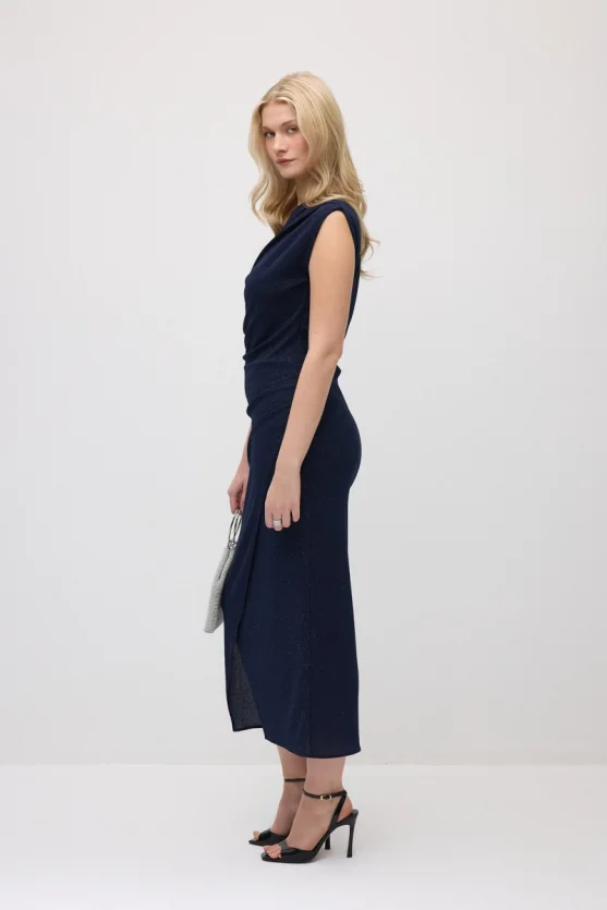 Asymmetric One-Shoulder Shimmer Evening Dress - Navy Blue - 5