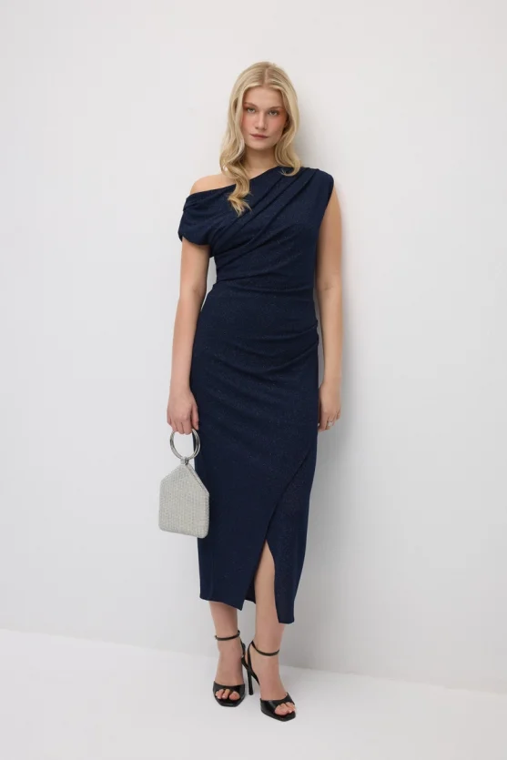 Asymmetric One-Shoulder Shimmer Evening Dress - Navy Blue - 1