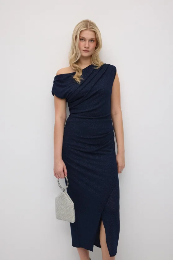 Asymmetric One-Shoulder Shimmer Evening Dress - Navy Blue - Gusto