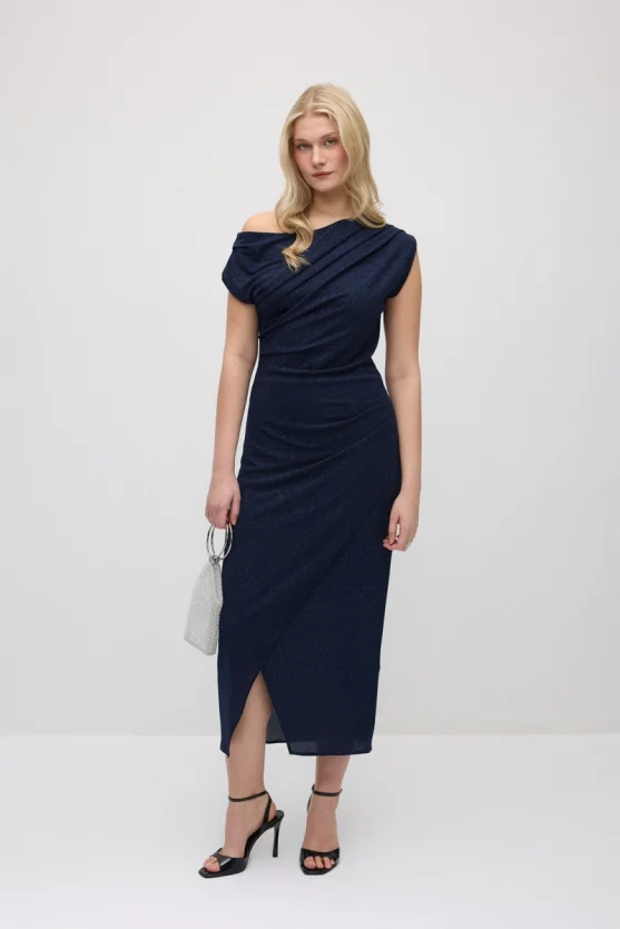 Asymmetric One-Shoulder Shimmer Evening Dress - Navy Blue - Gusto