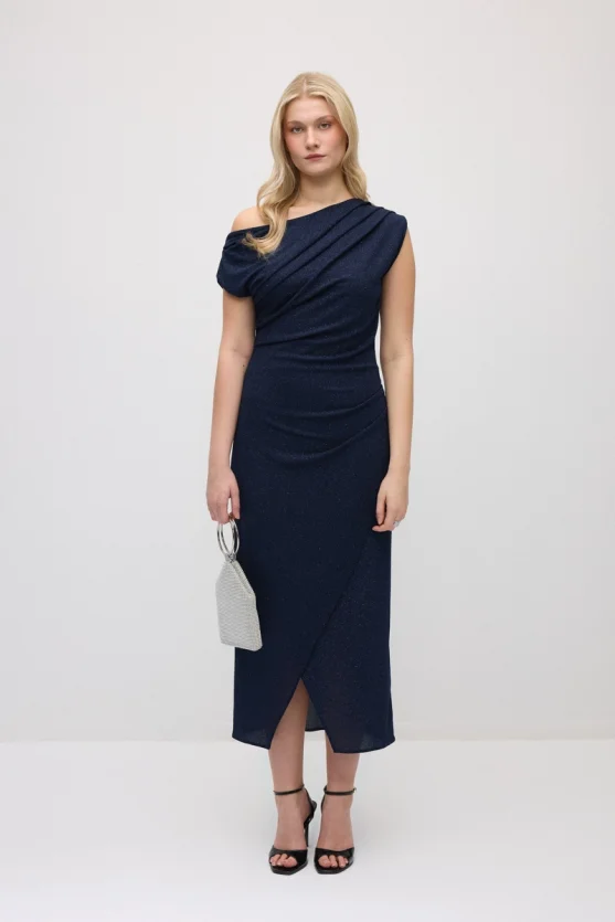 Asymmetric One-Shoulder Shimmer Evening Dress - Navy Blue - Gusto