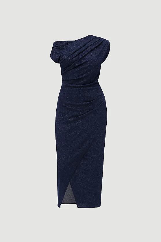 Asymmetric One-Shoulder Shimmer Evening Dress - Navy Blue - 7