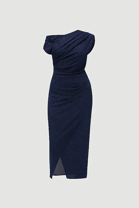 Asymmetric One-Shoulder Shimmer Evening Dress - Navy Blue - Gusto