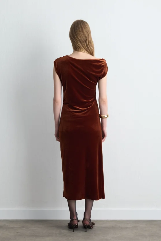 Asymmetric One Shoulder Velvet Long Dress Brick - 6