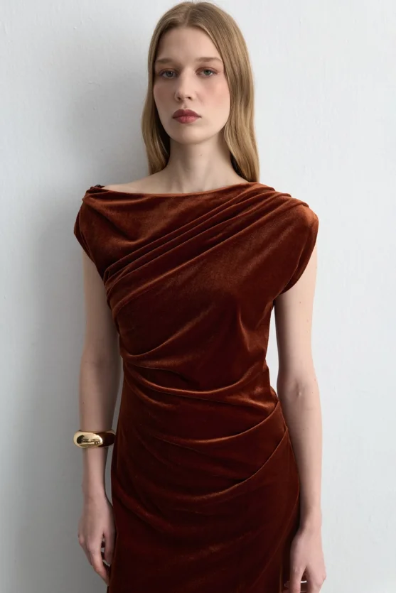 Asymmetric One Shoulder Velvet Long Dress Brick - Gusto