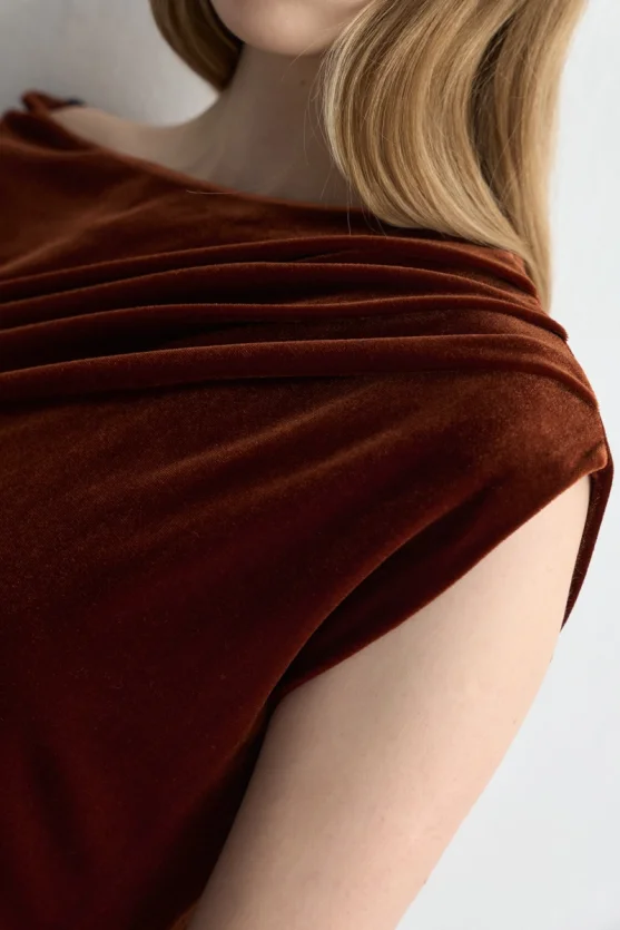 Asymmetric One Shoulder Velvet Long Dress Brick - Gusto