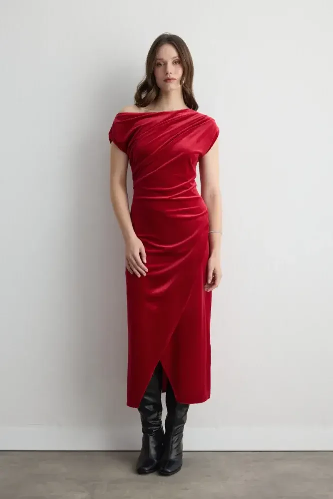Asymmetric One Shoulder Velvet Long Dress - Red Red