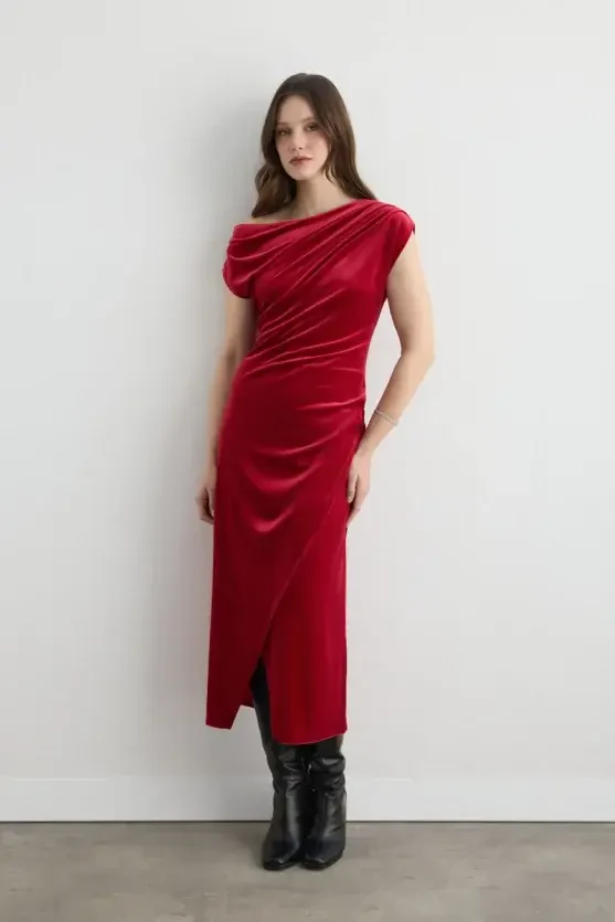 Asymmetric One Shoulder Velvet Long Dress - Red - 4