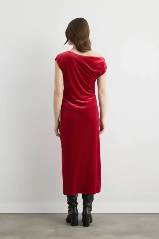 Asymmetric One Shoulder Velvet Long Dress - Red - 7
