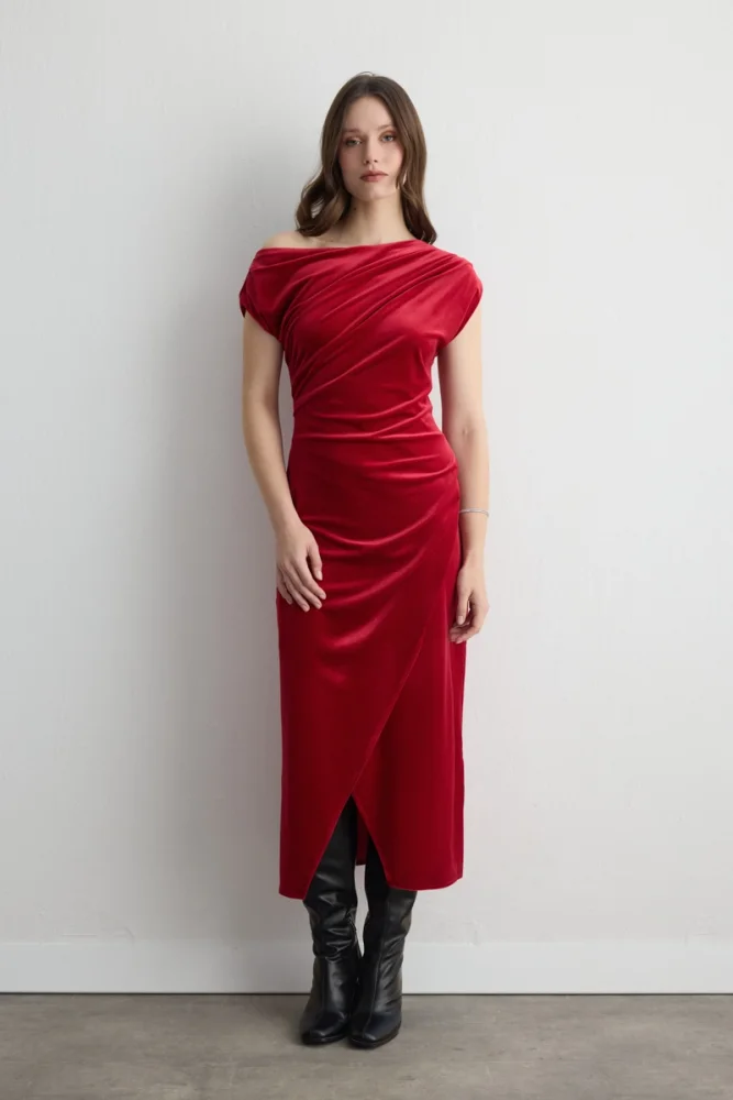 Asymmetric One Shoulder Velvet Long Dress Red Red