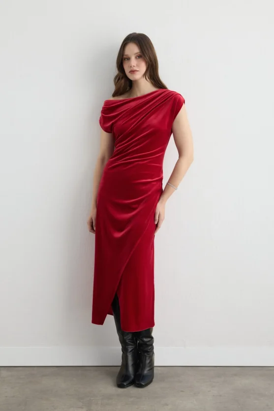 Asymmetric One Shoulder Velvet Long Dress Red - 4
